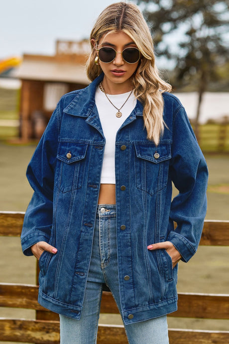 Buttoned Collared Neck Denim Jacket with Pockets Trendsi Hanalas