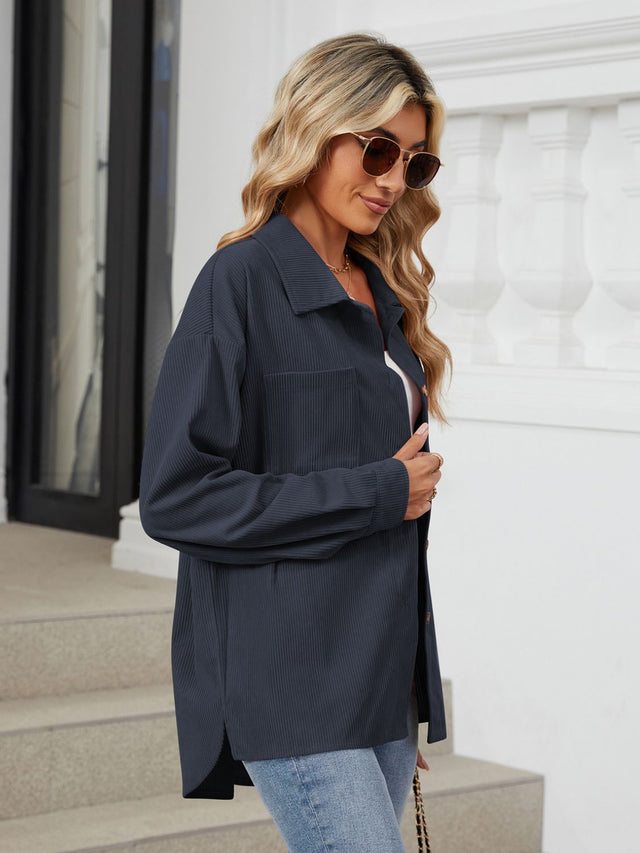 Button Up Long Sleeve Shirt with Breast Pockets Trendsi Hanalas