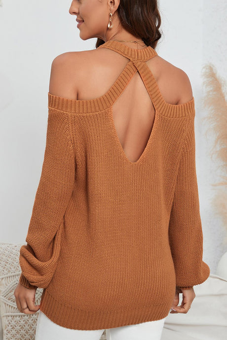 Cutout Back Cold Shoulder Long Sleeve Sweater | Hanalas