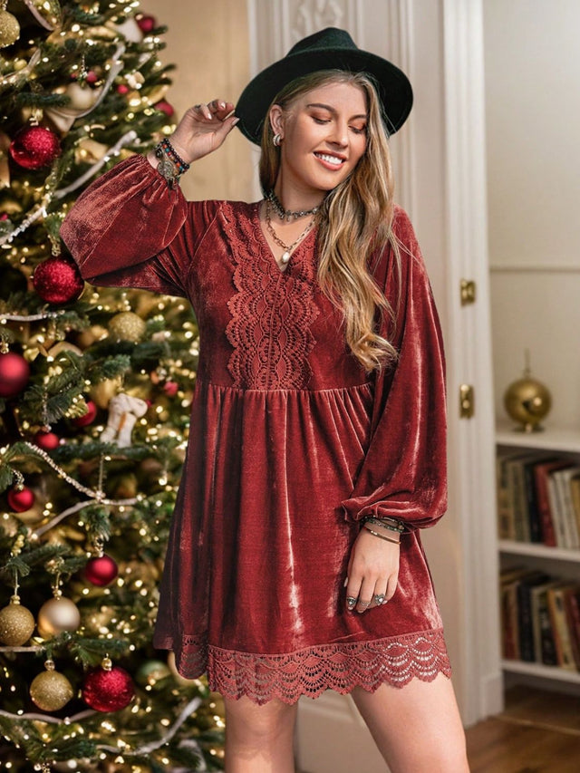 Plus Size Lace Detail V-Neck Long Sleeve Mini Dress Trendsi Hanalas