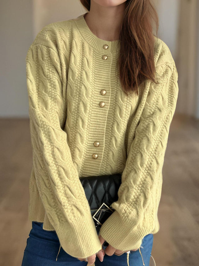 Cable-Knit Round Neck Long Sleeve Cardigan Trendsi Hanalas