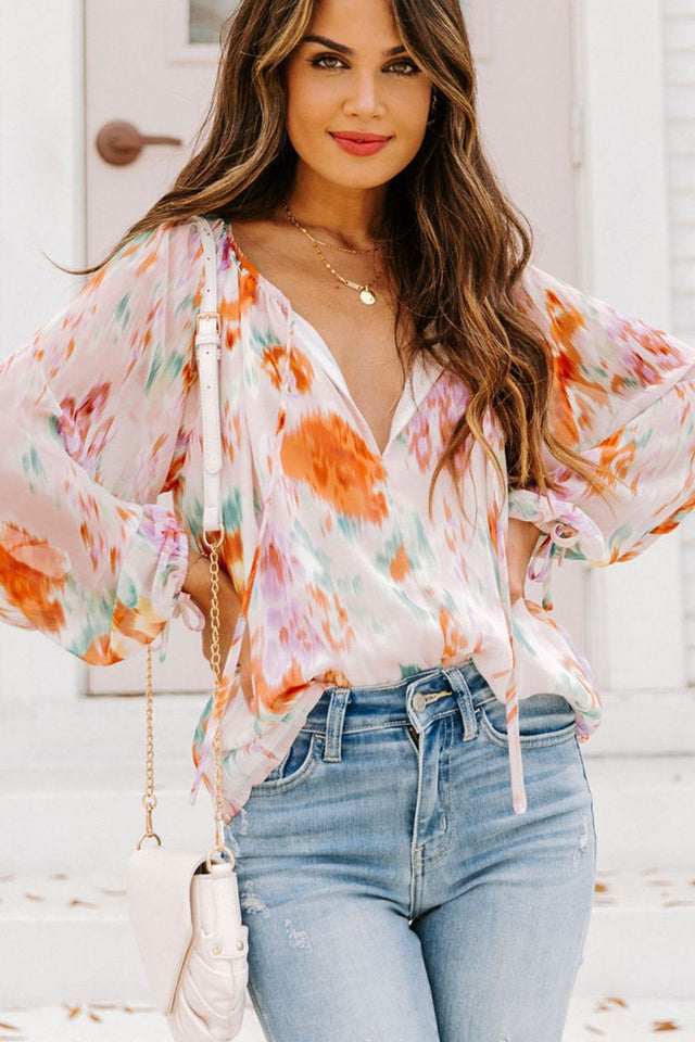 Printed Tie Neck Long Sleeve Blouse | Hanalas