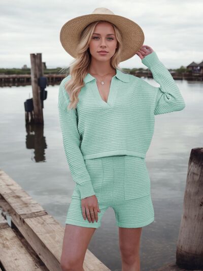 Johnny Collar Long Sleeve Top and Shorts Sweater Set | Hanalas