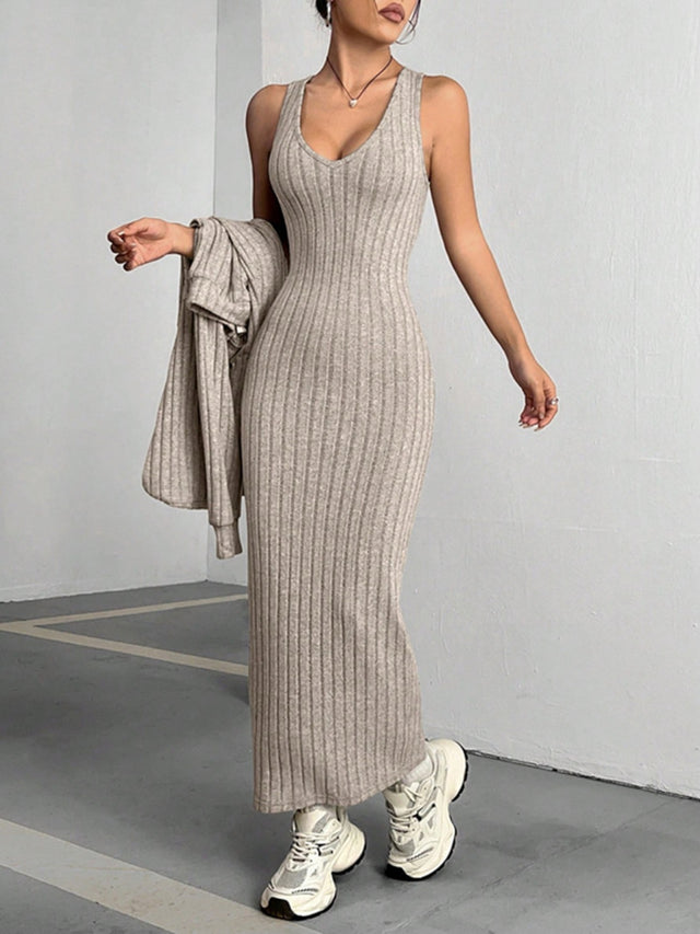 Ribbed Cropped Hooded Top and V-Neck Tank Dress Set | Hanalas