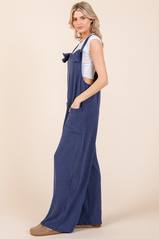 BOMBOM Knot Straps Wide Leg Ribbed Overalls with Pockets | Hanalas