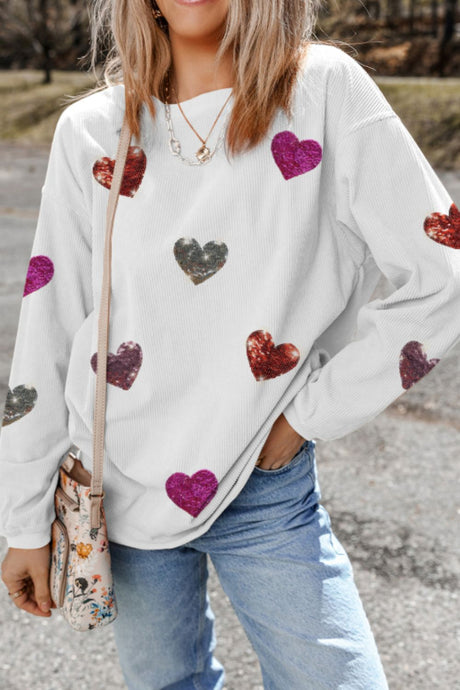 Valentine’s Day Sequin Heart Round Neck Long Sleeve Sweatshirt | Hanalas