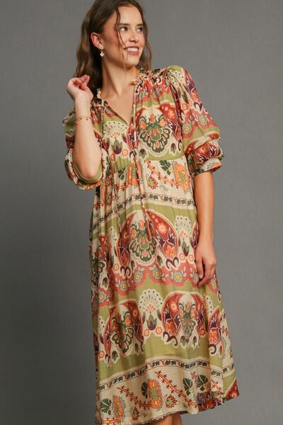 Umgee Full Size Tiered Border Print Midi Dress Plus Size | Hanalas