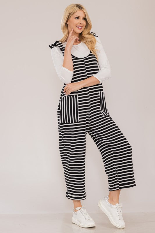 Celeste Full Size Striped Scoop Neck Overalls with Pockets | Hanalas