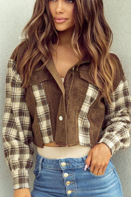 Raw Hem Plaid Cropped Hooded Jacket | Hanalas