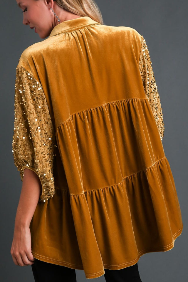 Umgee Sequin Detail Tiered Back Half Sleeve Shirt | Hanalas