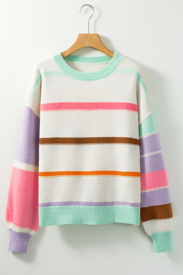 Contrast Striped Round Neck Drop Shoulder Sweater | Hanalas