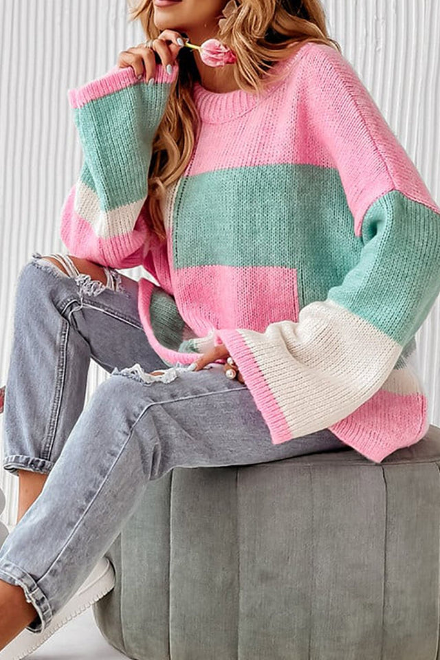 Color Block Round Neck Drop Shoulder Sweater | Hanalas