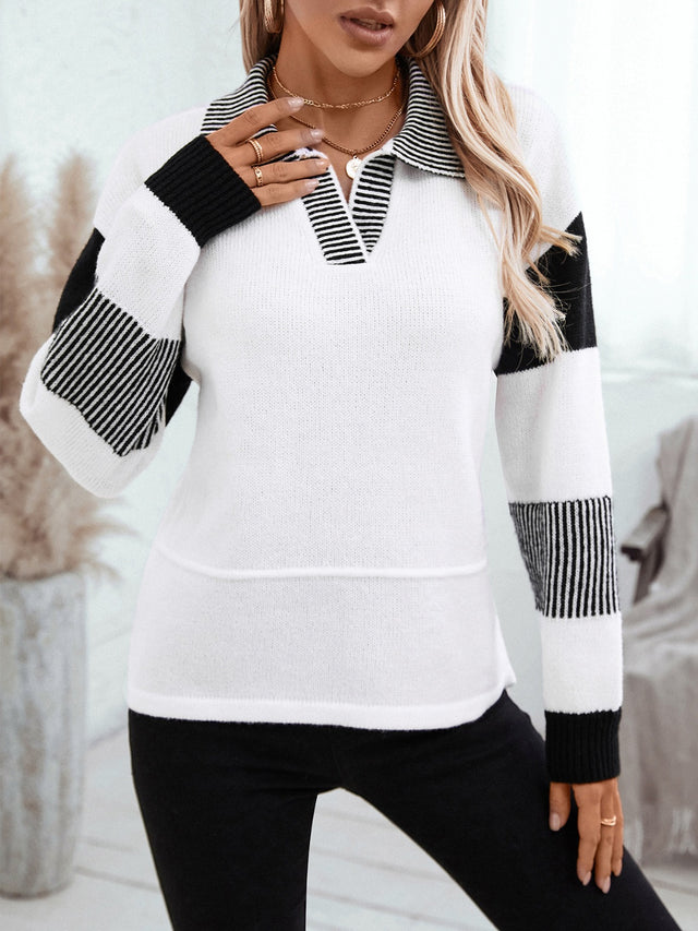 Striped Johnny Collar Drop Shoulder Sweater | Hanalas