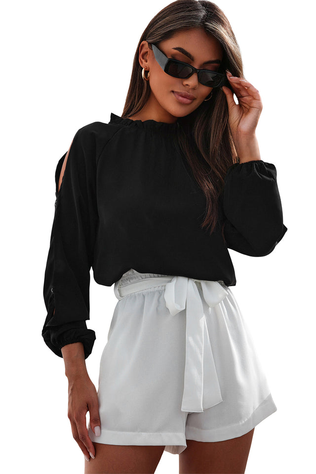 Black Cold Shoulder Bishop Sleeve Blouse | Hanalas