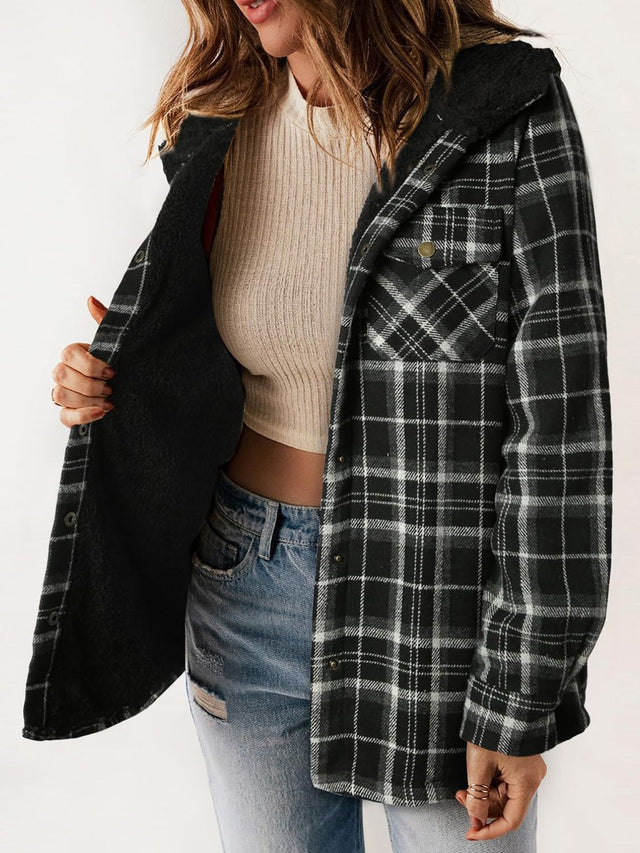 Plaid Snap Down Plush Hooded Jacket | Hanalas