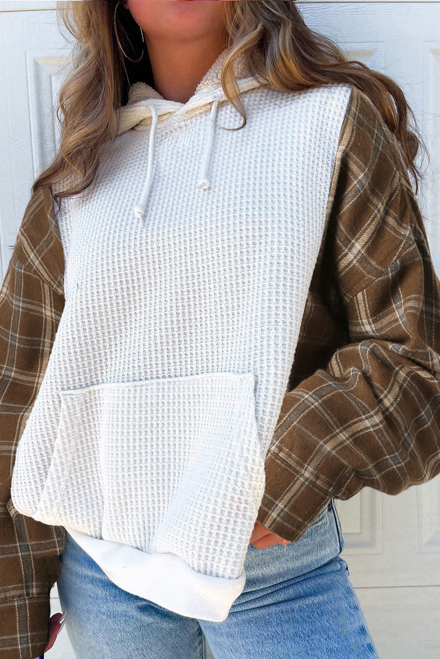 Waffle Knit Plaid Long Sleeve Kangaroo Pocket Hoodie | Hanalas