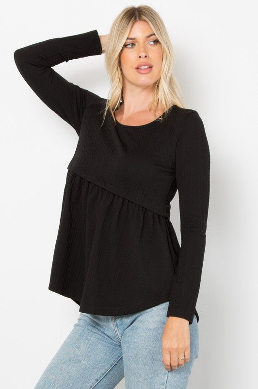 Be Stage Full Size Texture Babydoll Round Neck Long Sleeve Knit Top | Hanalas