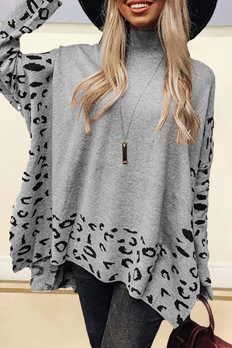 Slit Leopard Mock Neck Dropped Shoulder Sweater | Hanalas