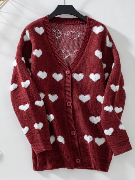 Heart V-Neck Button Up Long Sleeve Cardigan | Hanalas