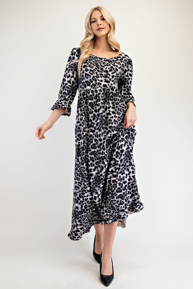 Celeste Full Size Leopard Round Neck Flounce Sleeve Dress | Hanalas