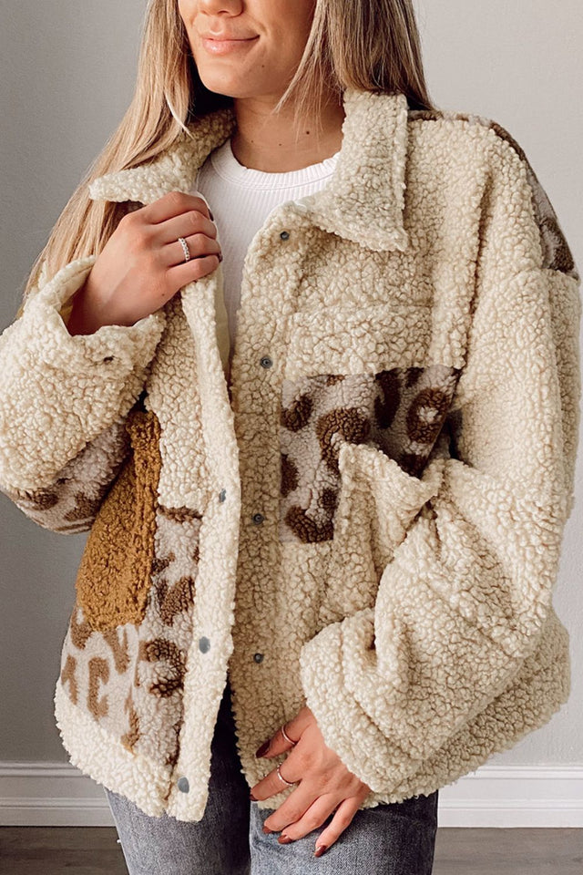 Pocketed Leopard Collared Neck Sherpa Jacket | Hanalas