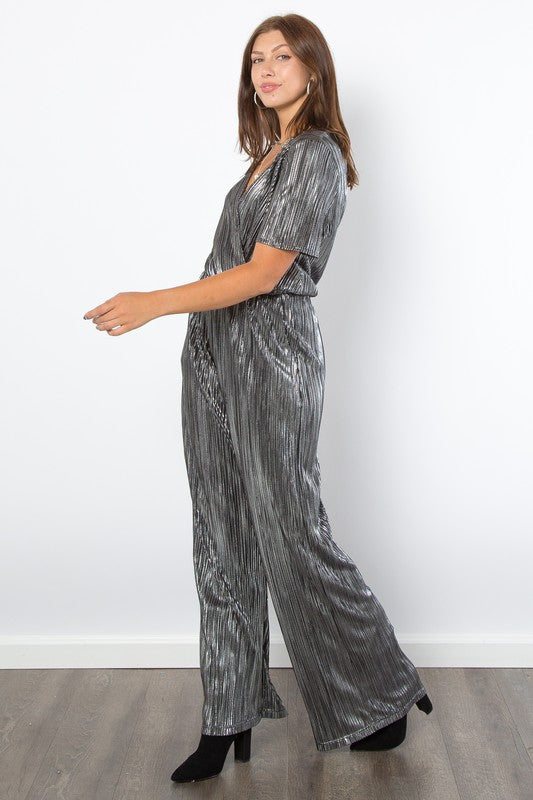 Be Stage Surplice Short Sleeve Pleated Foil Jumpsuit | Hanalas