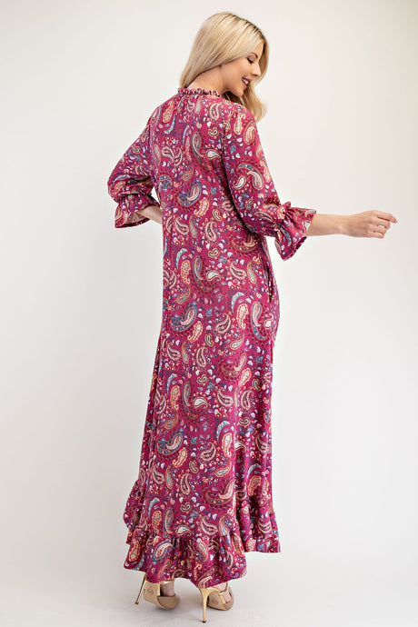 Celeste Full Size Ruffle Hem Paisley Round Neck Dress | Hanalas