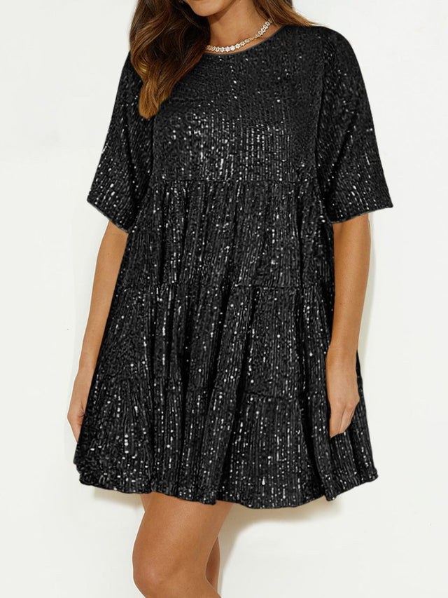 Sequin Round Neck Half Sleeve Mini Dress | Hanalas