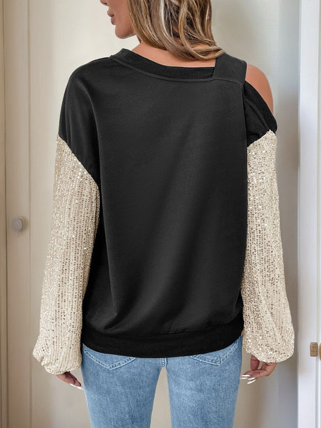 Perfee Sequin Asymmetrical Neck Long Sleeve Sweatshirt | Hanalas