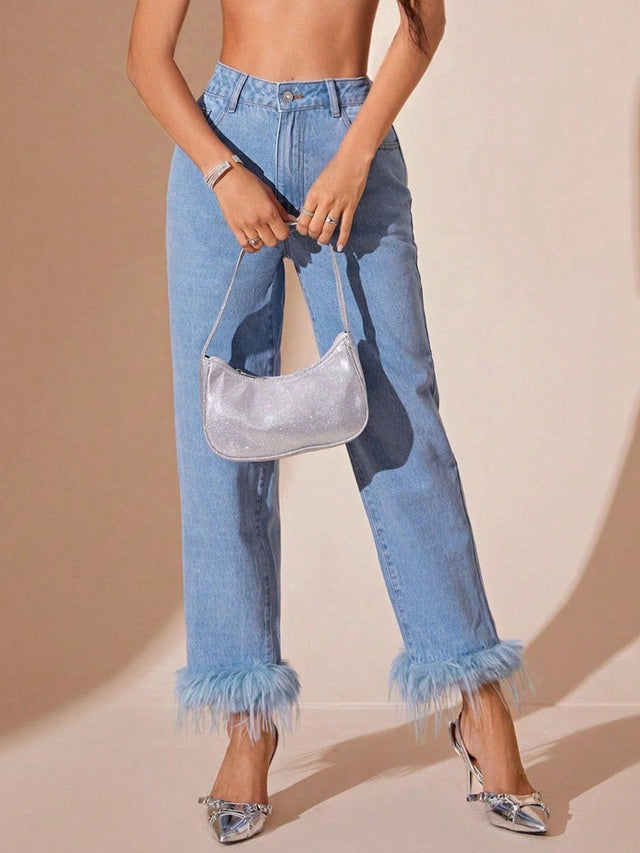 Plush Hem High Rise Straight Jeans Trendsi Hanalas