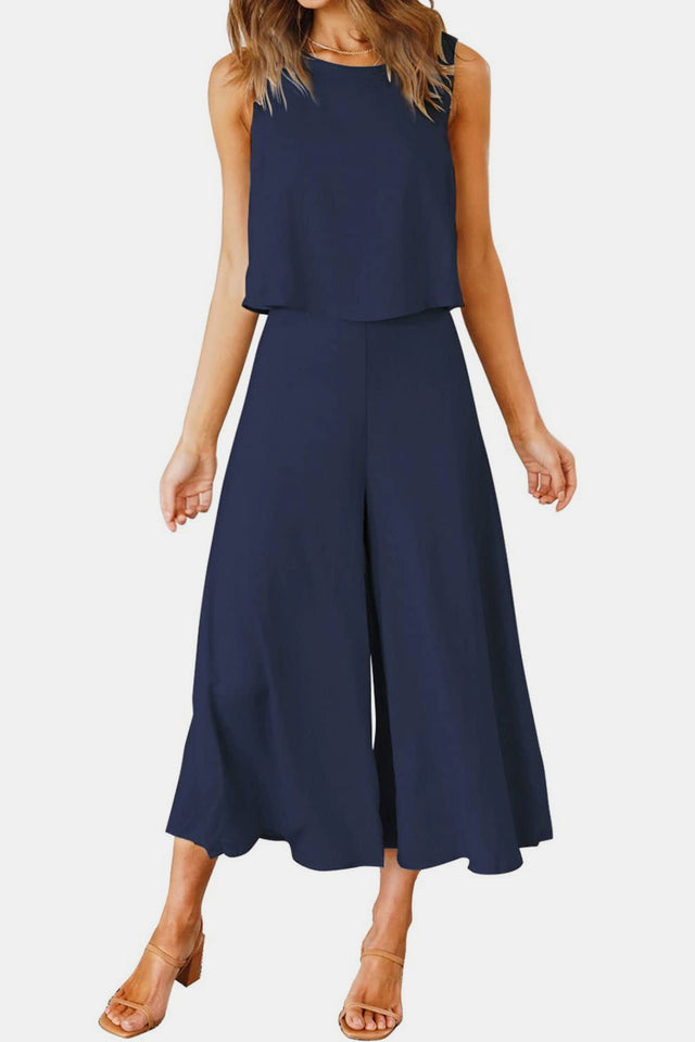 Round Neck Top and Wide Leg Pants Set | Hanalas