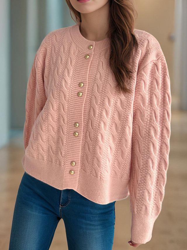 Cable-Knit Round Neck Long Sleeve Cardigan Trendsi Hanalas