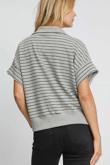 Umgee Striped Half Zip Short Sleeve Sweatshirt | Hanalas