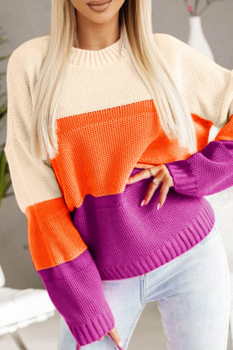 Color Block Drop Shoulder Round Neck Sweater | Hanalas