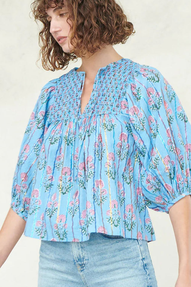 Smocked Floral Print Tie Neck Blouse | Hanalas