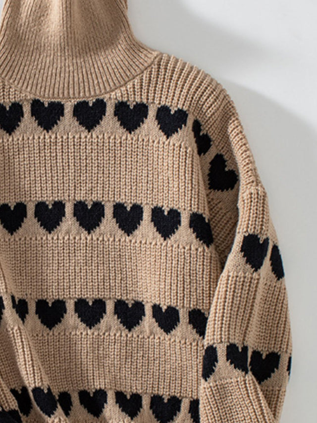 Heart Turtleneck Dropped Shoulder Sweater | Hanalas