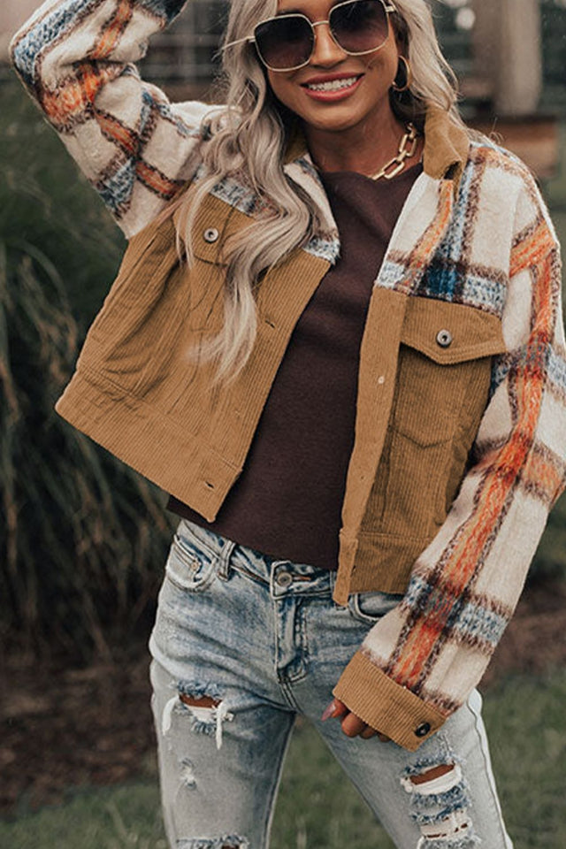 Plaid Corduroy Flap Pockets Button Up Jacket | Hanalas