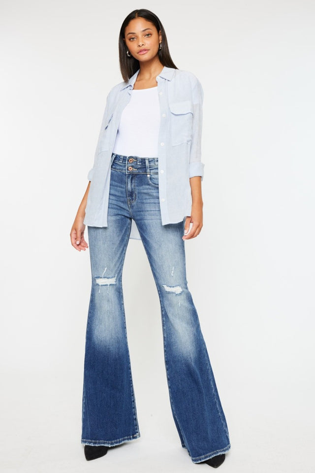 Kancan High Rise Wide Waistband Flare Jeans | Hanalas