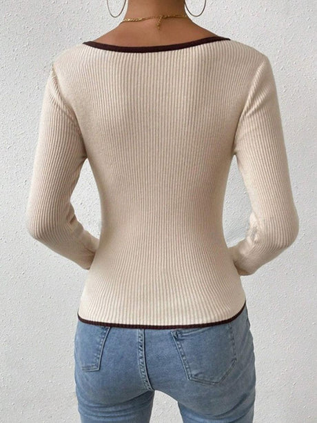 Contrast Trim Long Sleeve Knit Top | Hanalas