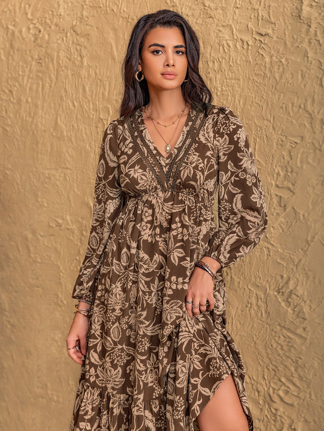 Ruched Printed V-Neck Long Sleeve Midi Dress Trendsi Hanalas