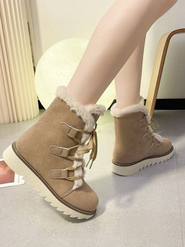 Faux Fur Lace Up Round Toe Boots | Hanalas