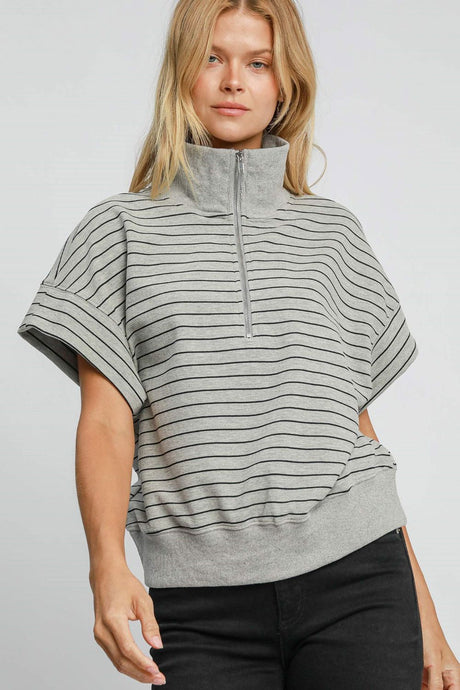 Umgee Striped Half Zip Short Sleeve Sweatshirt | Hanalas