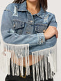 Distressed Fringe Collared Neck Cropped Denim Top | Hanalas