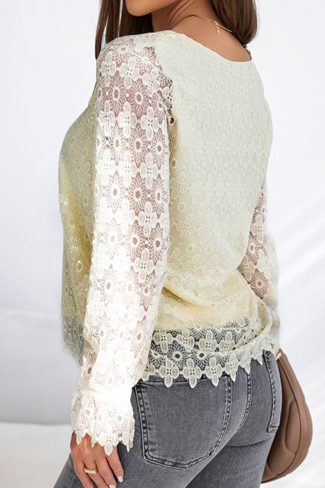 Lace Detail V-Neck Long Sleeve Blouse | Hanalas