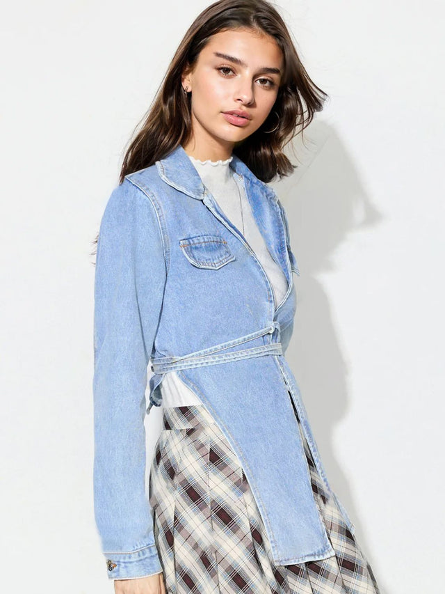 Asymmetric Slit Collared Neck Long Denim Top Trendsi Hanalas