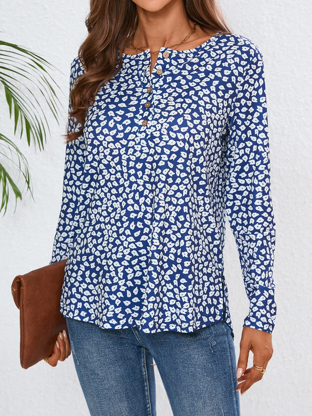 Quarter Button Printed Round Neck Long Sleeve Top | Hanalas