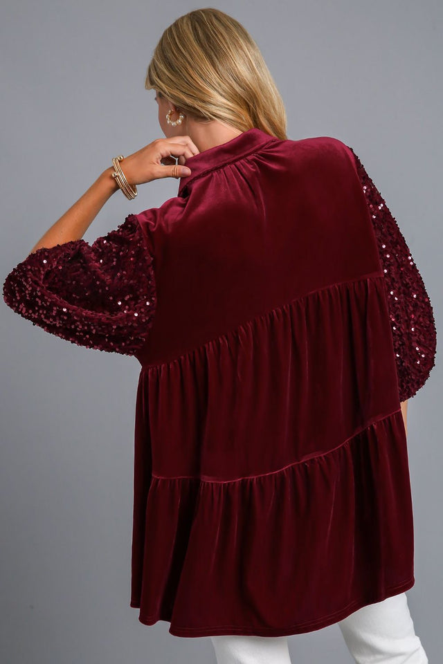 Umgee Sequin Detail Tiered Back Half Sleeve Shirt | Hanalas