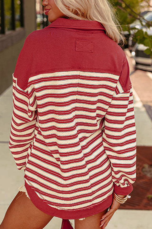 Stripe Johnny Collar Drop Shoulder Sweatshirt | Hanalas