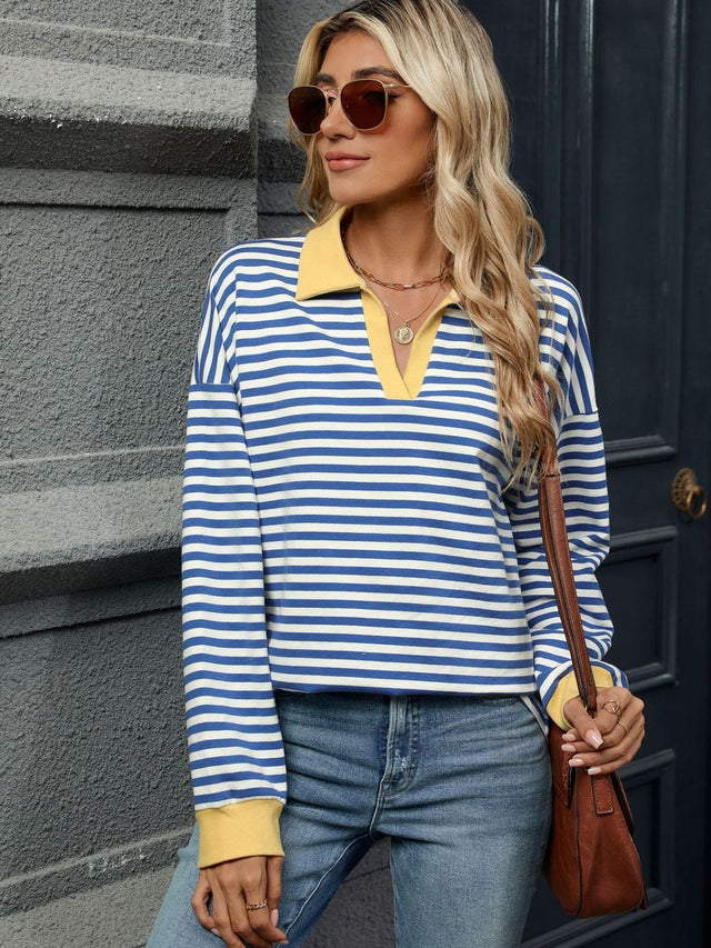 Striped Johnny Collar Long Sleeve Sweatshirt | Hanalas