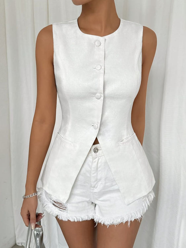 Button Down Round Neck Vest Trendsi Hanalas